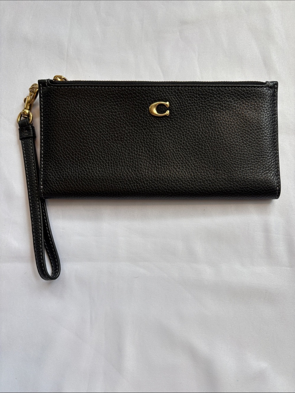 Coach Black Pebbled Leather Slim Snap Wallet with Wrist Strap